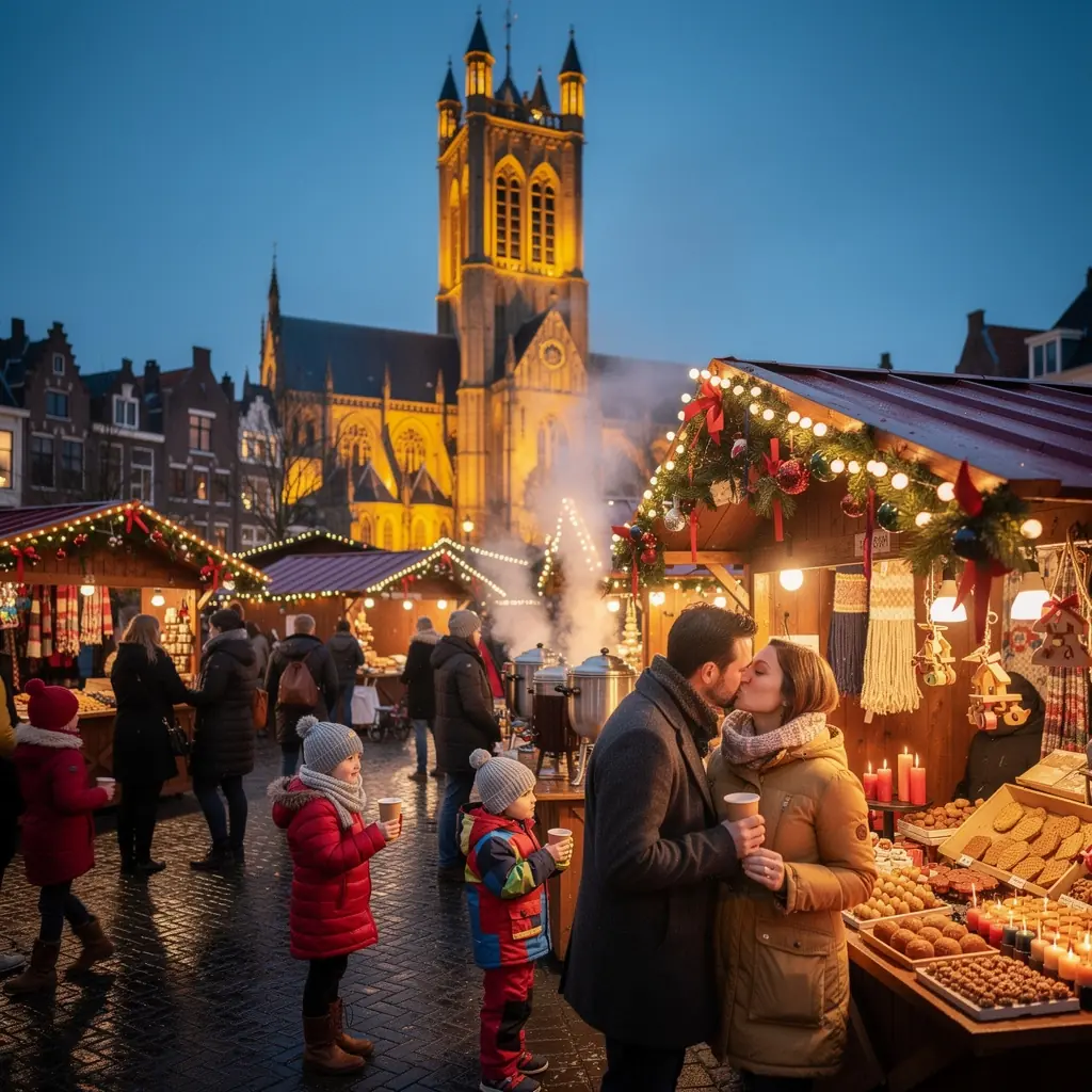 Een schilderachtig uitzicht op een typisch Nederlands dorp met molens en bloeiende tulpenvelden.
